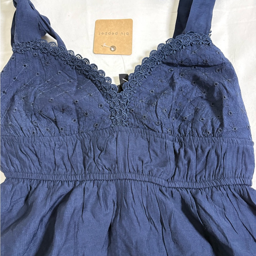 Bohemian Navy Blue Mini Dress with Lace and Ties - New Size S - Picture 9 of 9